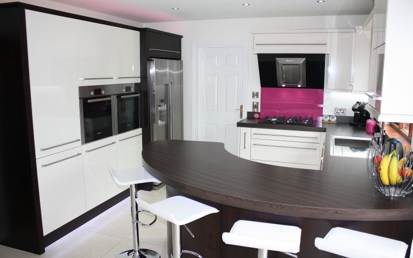 duggan kitchen design with pink panel and lighting